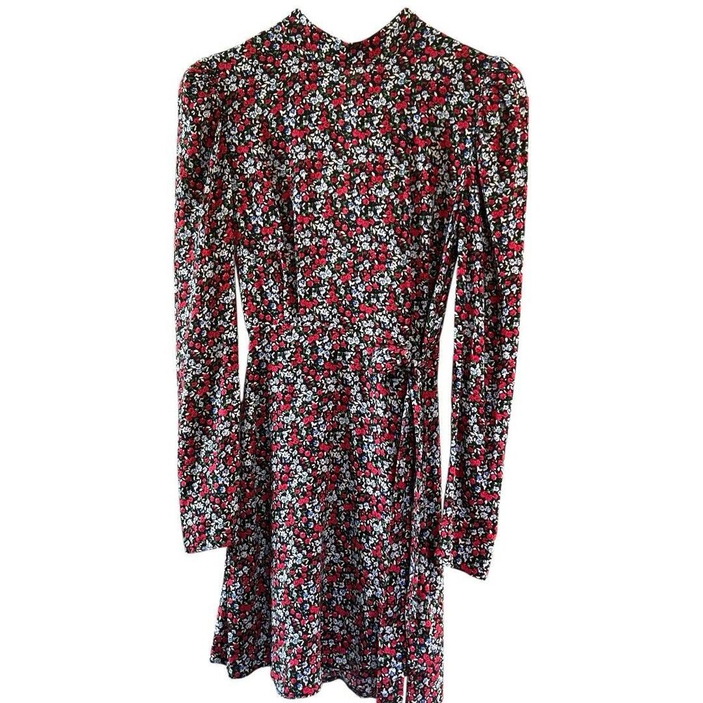 Top Shop Dress Black Red Floral Puffed Sleeve Tie Waist High Neck